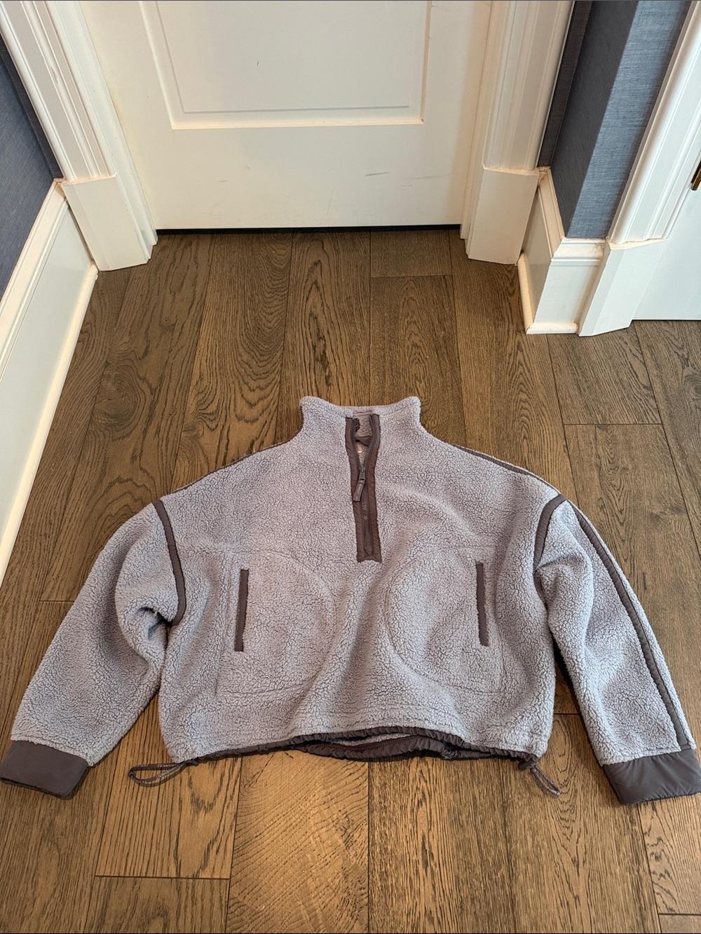 FP Movement by Free People Lavender Gray Sherpa Pullover with Brown Trim